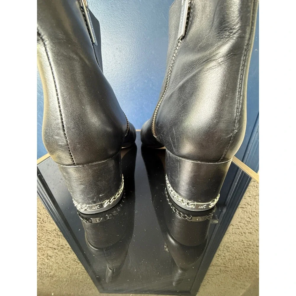 Michael Kors Black Leather Chain Heel Ankle Boots Womens 7M Side Zip Booties